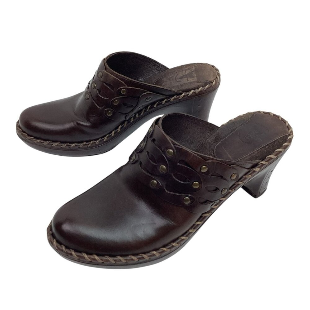 Frye Charlotte Braided Womens 8 Leather Studded Mules Clogs Brown High Heel Slip